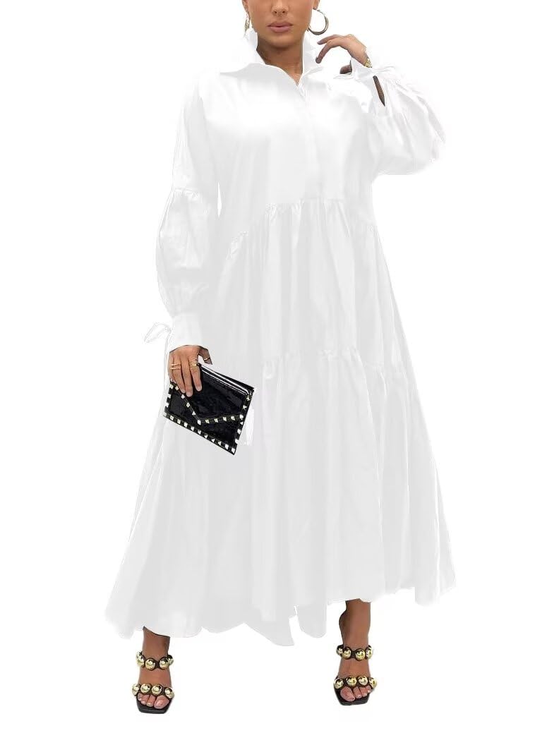 Photo 1 of (USED/FAIR) Women's Long Sleeve Maxi Shirt Dress Elegant Button Down Loose Swing Party Dress White L