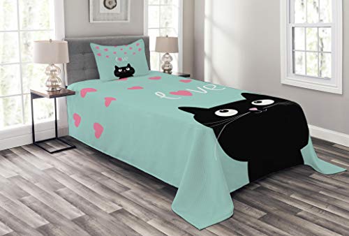 Lunarable Valentines Bedspread Set Twin Size, Kitty Heart Figures Cat Lovely Companions Kids Children Illustration, Decorative Quilted 2 Piece Coverlet Set Pillow Sham, Seafoam Pink Black