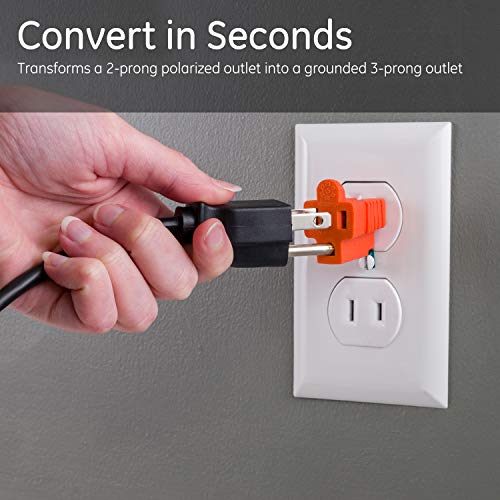 GE Polarized Grounding Outlet Extender, 2 Pack, Turn 2-Prong into 3, Easy to Install, Indoor, UL Listed, Orange, 14404