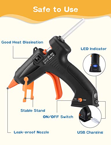 TOPELEK Cordless Hot Glue Gun Kit, 15W Mini Glue Gun with 10Pcs Glue Sticks, USB Charging Hot Melt Glue Gun for DIY Crafts, Quick Repairs, Home, School, Office Arts