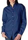 UltraClub Women's Soft Cypress Denim Double Needle Woven Shirt