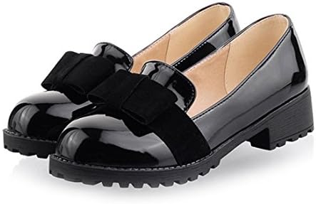 Milesline Womens Round Toe Patent Leather Slip On Shoes Sweet Bow Mid Heel Loafer