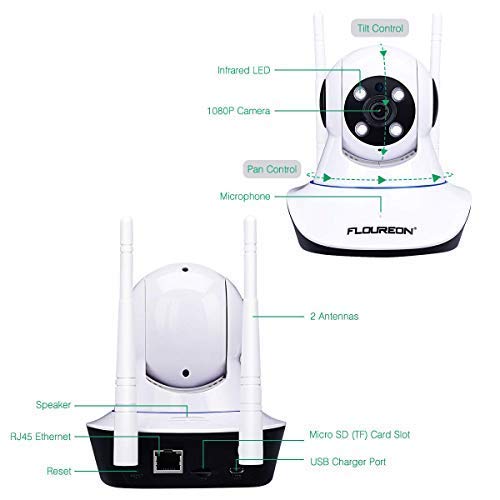 FLOUREON 1080P Wireless Security IP WiFi Camera/Tilt Baby Pet Monitor H.264 Wireless Night Vision Motion Detect Phone APP Control and View/Video Record Email Alarm