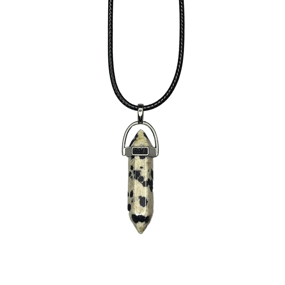 VIE Double Point Pencil Pendant, Black String (Dalmatian Jasper)