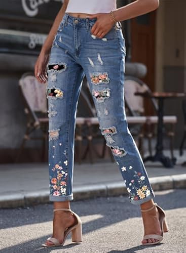 EVALESS Ripped Jeans for Women Boyfriend Distressed Patchwork Print  Democracy Mom Jeans 2025 Fashion Wide Leg