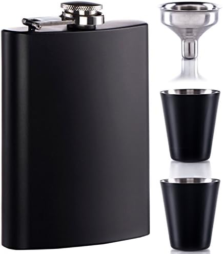 8 oz Leak Proof Hip Flasks For Liquor For Men and Women With Stainless Steel Funnel, Matte Black Shots and Premium Gift Box, Groomsmen Gift Flask + E-BOOK INCLUDED
