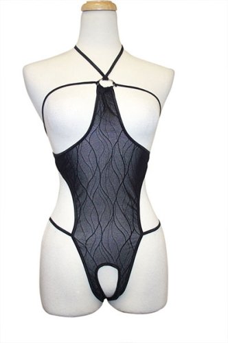 Exposed by Magic Silk Wavy Line Mesh Queen Cupless Teddy. One Size Queen, Black