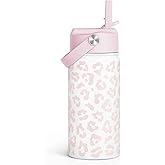 Beige Leopard Print Kids Water Bottle with Straw Lid 12oz Insulated Stainless Steel, Travel Tumbler, Gifts for Girls, Birthday, Christmas, Back to School