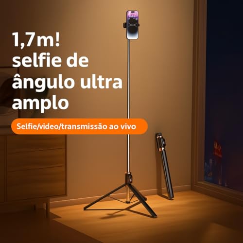 Tripé Bastão de Selfie 3 em 1 – Compacto e Extensível até 1,70 m de Altura, Controle Bluetooth, Rotação 360° – Para Gravações, Reels, TikTok, YouTube, iPhone e Android