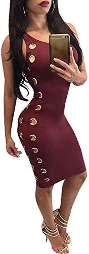 Chillscreamni Bodycon Dress - Women’s Sexy Sleeveless Bandage Dresses, Side Hollow out with Gold Ring (S, M, L, XL)