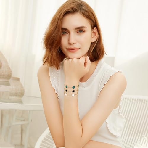 ZhouWei 3 Piece Lucky Clover Bracelet, 18K Gold Plated Clover Bracelet Lucky Charm Jewellery Stainless Steel Women Elegant Design for Weddings Parties and Lucky Gifts