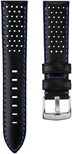 Geckota® Genuine Italian Leather Perforated Sport Watch Strap, Black with Contrasting Stitching