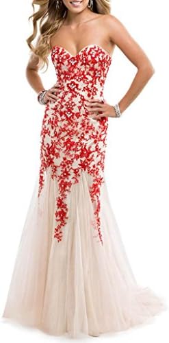 ASBridal Tulle Mermaid Lace Dresses Beads Long Evening Dress Red US 8