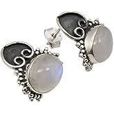 SilverStarJewel Natural Rainbow Moonstone Stud Earrings 0.7" 4.8 Grams Sterling Silver