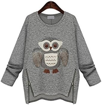 WarmFire Women's Casual Owl Pattern Crew neck pullover Sweater Long Sleeve Slim Grey XL