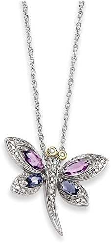 Sterling Silver &amp; 14K Amethyst and Iolite and Diamond Dragonfly Necklace