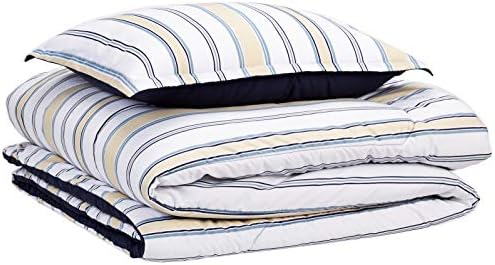 AmazonBasics Comforter Set, Twin / Twin XL, Blue and Tan Stripes, Microfiber, Ultra-Soft