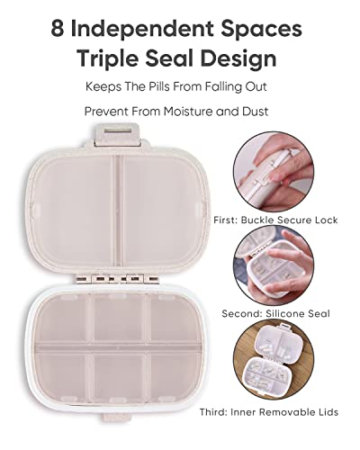 Holii Travel Pill Organizer, 8 Compartments Portable Pill Case, Daily Pill Box to Hold Vitamins, Small Pill Container for Pocket Purse Medicine Organizer（Khaki）