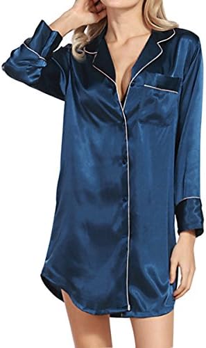 Dramaticbuying Women's Satin Nightshirt Boyfriend Style Button Silky Sleep Shirt, Navy Blue, TagsizeXL=USsize10