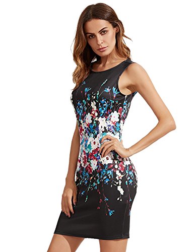 Floerns Women's Floral Print Sleeveless Sexy Bodycon Cocktail Party Round Neck Summer Dresses Black Multicolor Flower XL