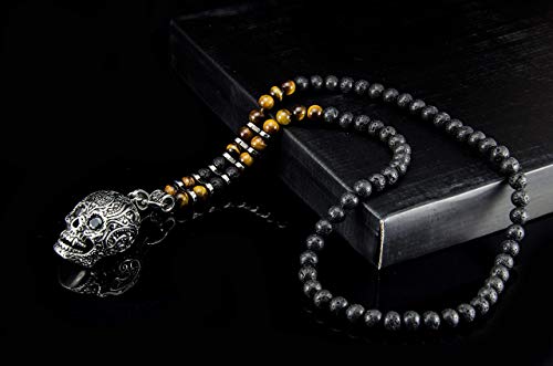 Handgefertigte Halskette Rosenkranz Totenkopf Kette für Männer Herren aus Lava Vulkan Tigerauge Halbedelstein Bikerkette aus Edelstahl Y Kette Unisex – Bild 9