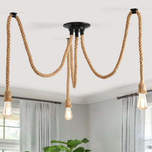 ANWIO Hemp Rope Pendant Lamp, Industrial E27 Lamp, Rustic Ceiling Lamps with 3 Bases, Vintage Ceiling Lamp, Ideal for Dining Room, Restaurant, Bar, Cafe, Living Room, Living Room (No Bulbs)