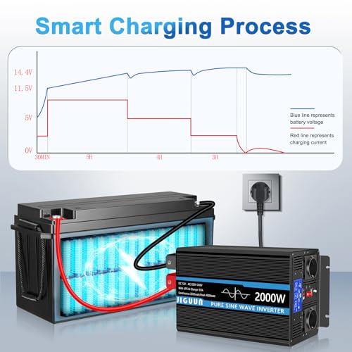 JIGUUN 2000W Inverter 12V 220V Pure Wave Inverter with Charger 30A and Priority Circuit of Network and UPS,2 EU Sockets, Wireless Remote Control and LCD Display Peak Power 4000W