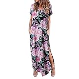 Shisay Women's Summer Floral Sundress Loose Maxi Dress with Pockets V Neck Short Sleeve Split Beach Long Dress Purple