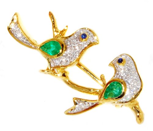 Diamond Emerald Couple birds Brooch/Pin 18K Yellow Gold [I_002]