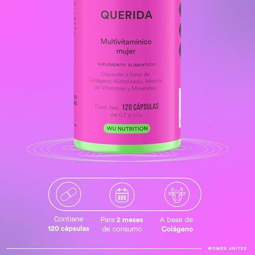 WU Nutrition QUERIDA Multivitamínico para Mujer | Complejo B, C, D3 y E | Con Colágeno, Biotina, Ácido Fólico, Magnesio y Hierro | 120 Cápsulas | Fórmula con 20 Ingredientes | 2 meses de consumo