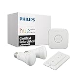 Philips Hue White Ambiance Smart Light Bulb Starter Kit (2 A19 Bulbs, 1 Bridge, and 1 Dimmer Switch, Compatible with Alexa, Apple HomeKit, and Google Assistant) (Renewed)