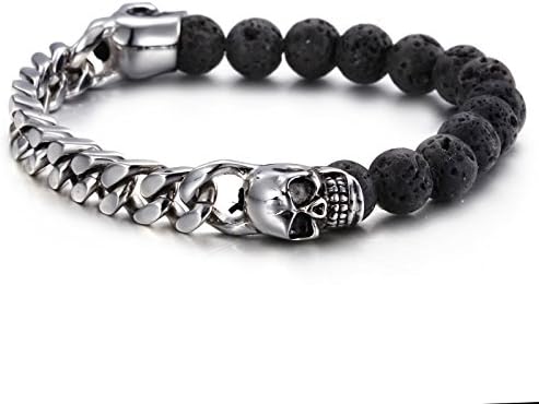 MgTree Men’s 8MM Black Lava Rock Stone Beads Bracelet Bangle with Stainless Steel Curb Chain Skulls (Silver Tone)
