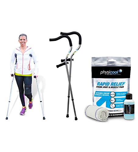 The Life Crutch - 1 Pair of Universal Size Crutches 4'6" - 6'7" with Adjustable Ergonomic Handles for Adults and Children Plus Physicool Combination Pack A-Bandage and 5oz Coolant