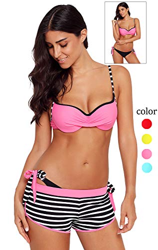 3 Piece Womens Bikini Swimsuits with Shorts Sexy Padded Push Up Halter Swimwear Beach Bathing Suit (L(US 12-14), A Pink)