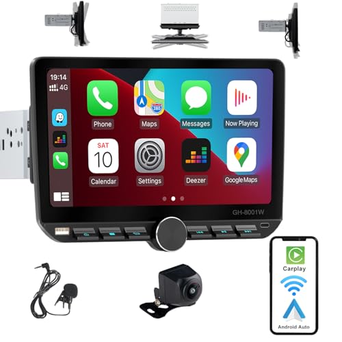 Alondy 1 DIN Car Radio with Rotating Touch Screen (10.1 Inches) Compatible with [Wireless] Apple CarPlay/Android Auto Bluetooth Rear View Camera AM/FM RDS Radio USB-C