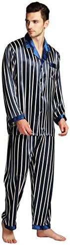 Mens Silk Satin Pajamas Set Navy Blue 2XL