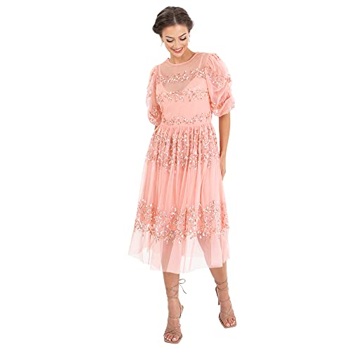 Maya Deluxe Womens Midi Dress Ladies Sequin Embellished Short Sleeve Dress for Wedding Guest Bridesmaid Prom Ball Evening Occasion, Robe Femme, Apricot Blush,