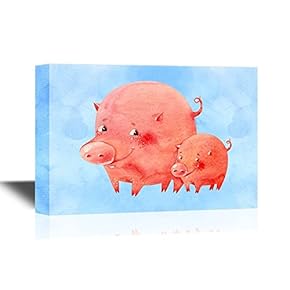 Pigs Canvas Wall Art - Mother Pig and Baby Pig - Gallery Wrap Modern Home Art | Ready to Hang - 12x18 inches