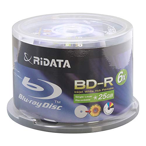 50 Pack Ridata 6X BD-R BDR 25GB Single Layer Blue Blu-ray White Inkjet Hub Printable Recordable Blank Media Disc with Spindle Packing