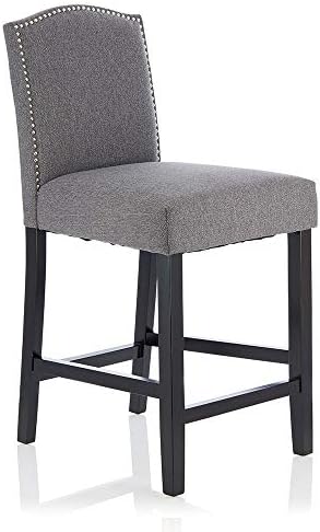 Arran 66cm Classic Style Black Legs Counter Height Breakfast Bar Stool, Padded Fabric Seat in 3 Colors Option with Handcrafted Studded Backrest with Foot Rest Ideal for Home and Restaurant.