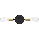 Globe Electric 52085 10" 2-Light Reversible Vanity Wall Light, Matte Black, Brass Accent Socket, Dimmable Lighting, E26 Open 