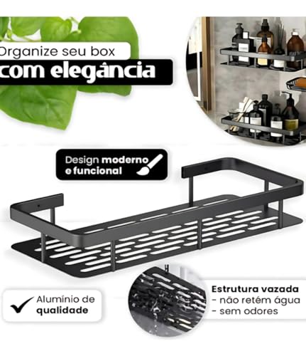 Kit com 2 Suporte de Parede para Banheiro Prateleiras Autoadesivas Preto Organizador para Shampoo e Sabonete Instalação Sem Furos