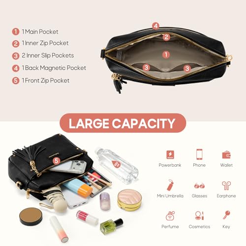 RAINSMORE Shoulder Bag Women Medium Women's Bags PU Leather | Small Crossbody Bag with Large Capacity for Umbrella and Bottle 550ml, Shoulder Bag with Tassel and Anti-theft Zipper
