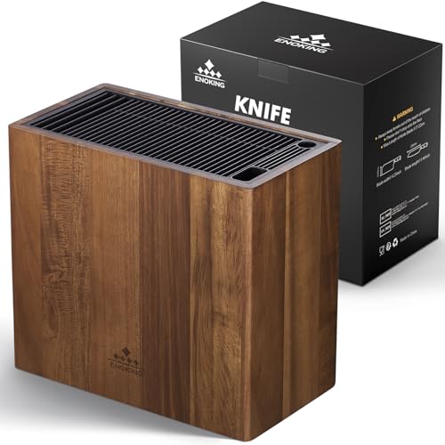 ENOKING Acacia Wood Kitchen Knife Holder, Universal Kitchen Knife Holder with Plastic Lid, Knife Holder for Knives and Scissors/Sharpening Rod