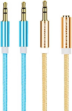 (1set) AUX Cable 3.5mm Male to Male/Male to Female Braided Nylon Auxiliary Audio Extension Cable Gold Plated Connectors 3.3Ft/100cm Blue-gold