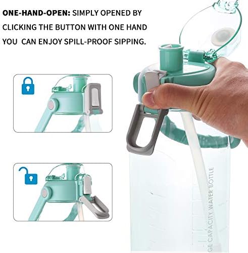 Blue Cille water bottle with doors, hand holding.