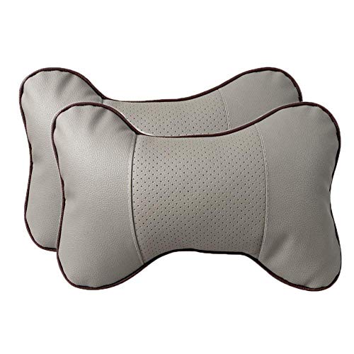 Lurowo 2 Pieces Car Headrest Pillow Neck, PU Leather Neck Support Car Seat Pillow with Removable Cover, Breathable Memory Foam Cushion for Driving Traveling (gray)