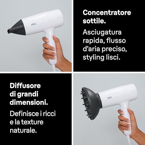 Asciugacapelli Braun HD2.21, potente con diffusore e concentratore, Tecnologia IONTEC, motore da 2200W, 3 temperature e 2 velocità, bianco, BRHD235E