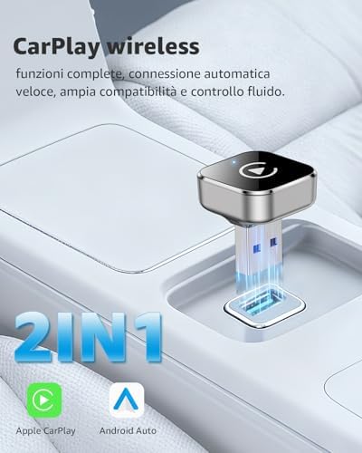 Adattatore CarPlay Wireless e Android Auto Wireless, USB-C/USB-A Plug & Play, Convertitore da Cablato a Wireless, WiFi 2.4G/5G, Connessione Automatica, per iPhone iOS 10+ e Android 11+, Argento