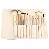 12 Piece Makeup Brushes Set | Horse Hair Professional Kabuki Makeup Brush Set Cosmetics Foundation Makeup Brushes Set Kits with White Cream-colored Case Bag